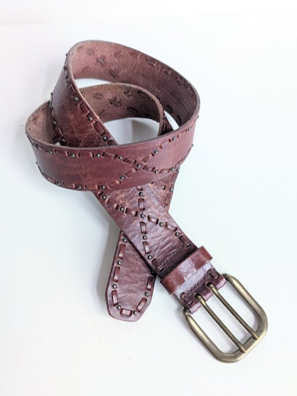 Fossil Brown Braided Leather Belt with Mini Studs Brass Buckle Size: S